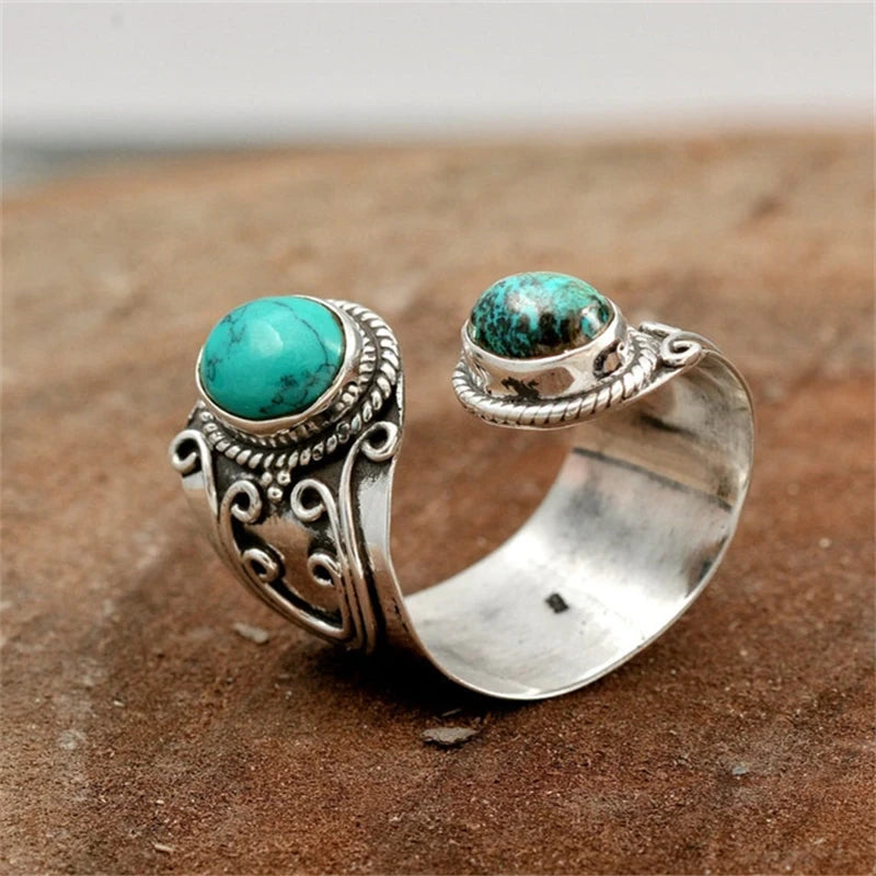 Vintage Style Rattan Pattern Inlaid Natural Stone Ring