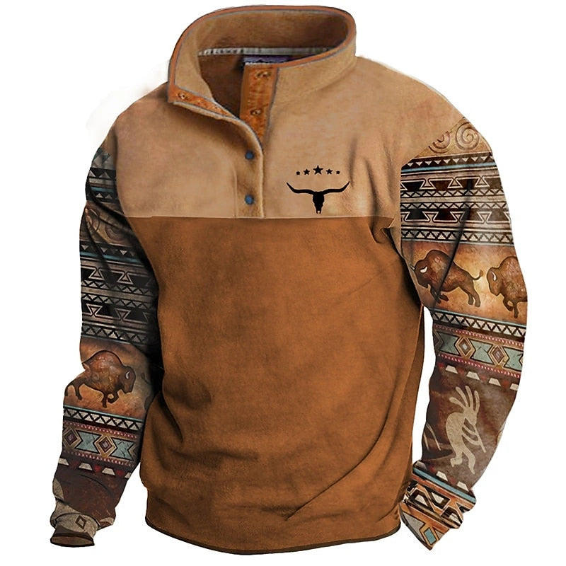 Aztec Cowboy with Buffalo Button Autumn Sweatshirt