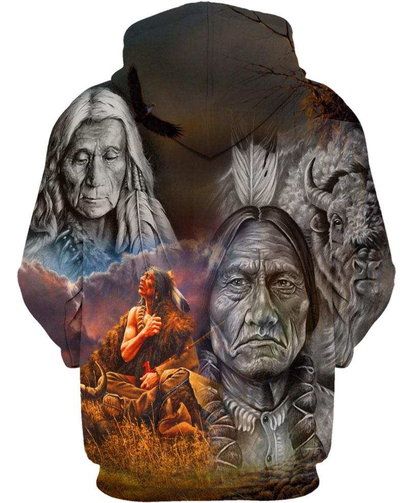 Native American Gray Old Indian Chief & Buffalo