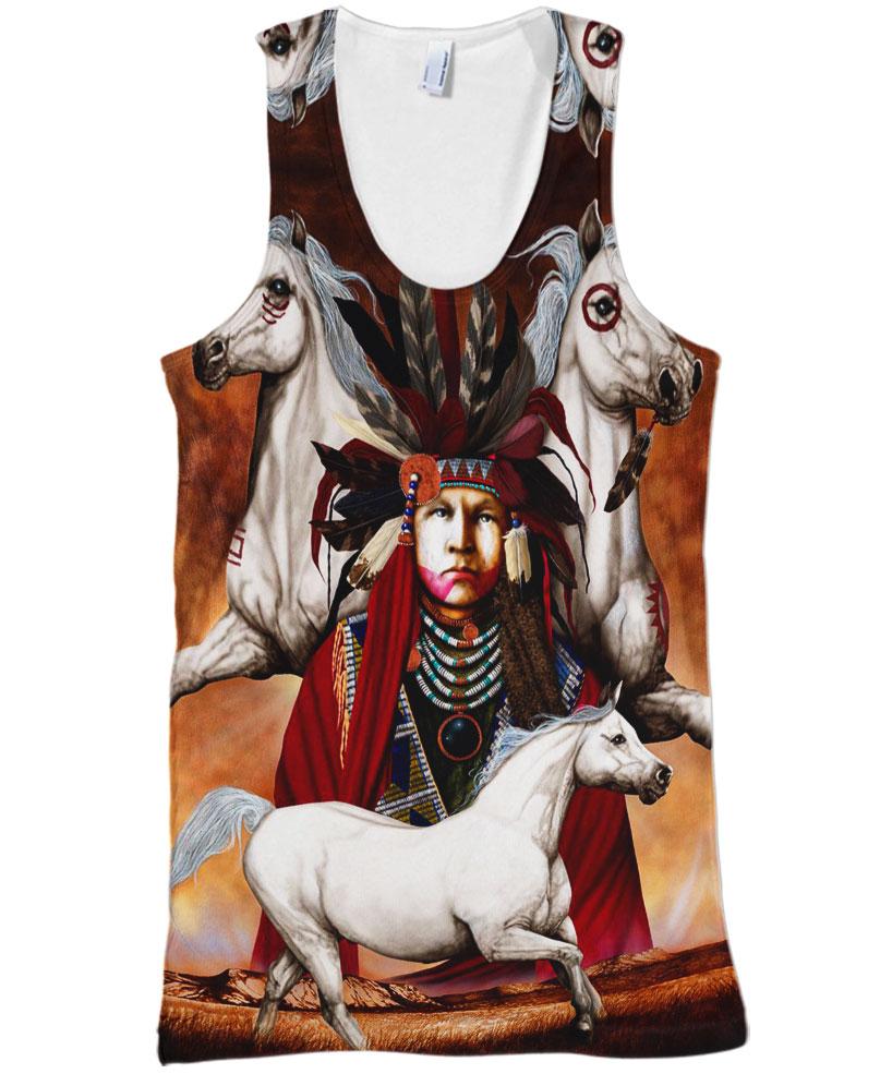 Native American Indian Chief And White Horses