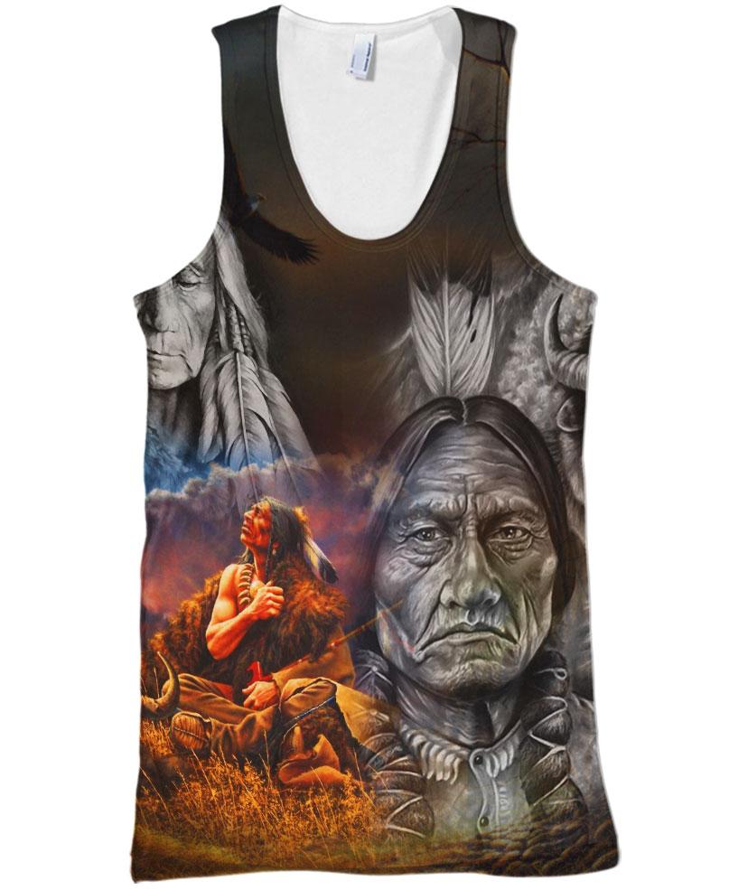 Native American Gray Old Indian Chief & Buffalo