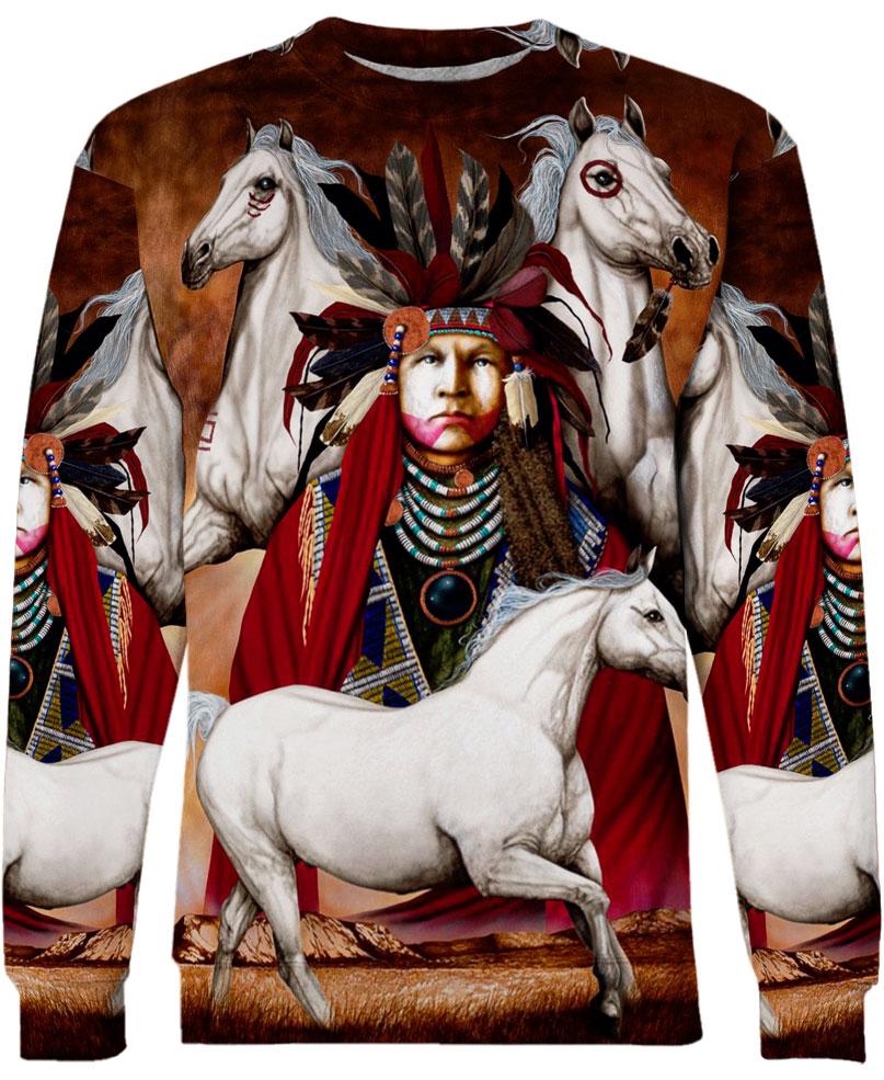 Native American Indian Chief And White Horses