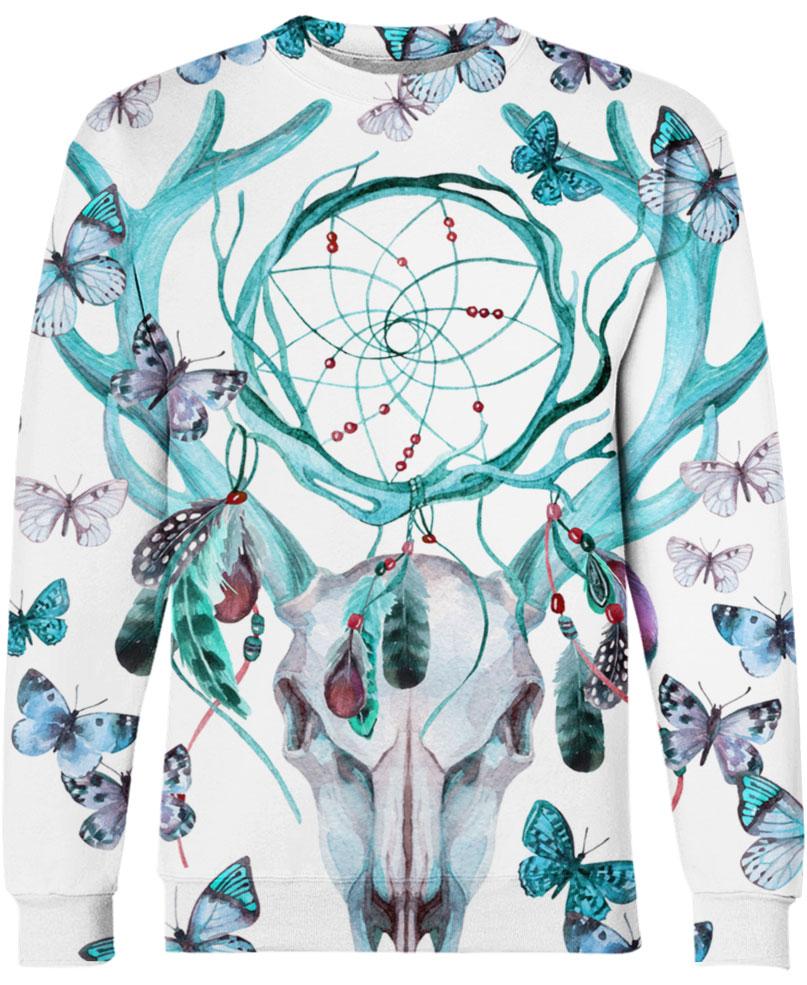 Native American Green Deer Skull Butterfly