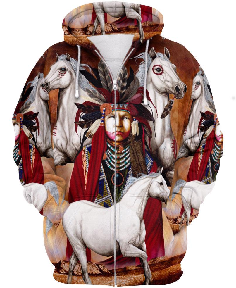 Native American Indian Chief And White Horses