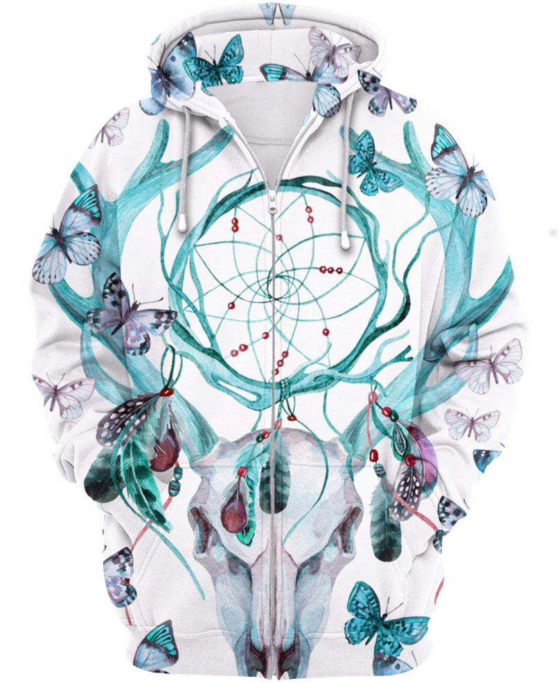 Native American Green Deer Skull Butterfly