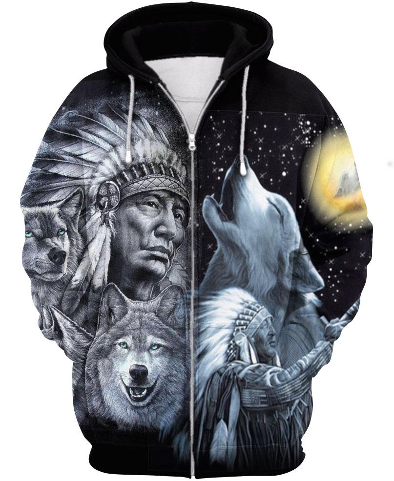 Native American Indian Chief With Wolves