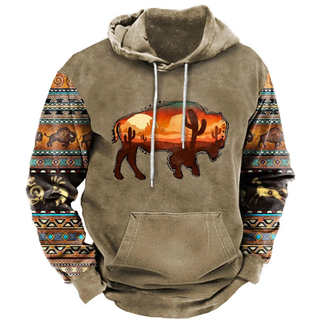 Men's Ethnic Geometric Western Buffalo Print Hoodie