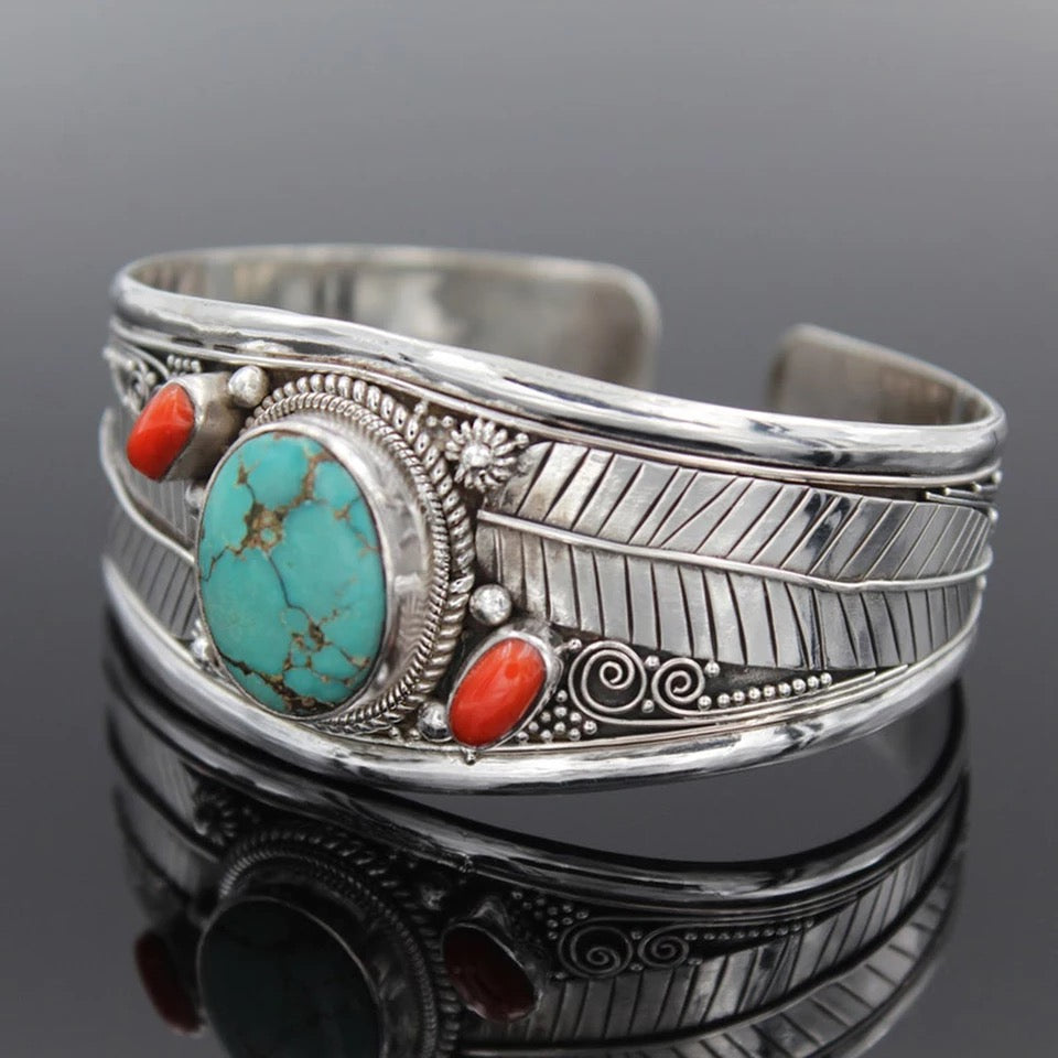 Antique Silver Color Leaf Red Blue Natural Stone Bracelet
