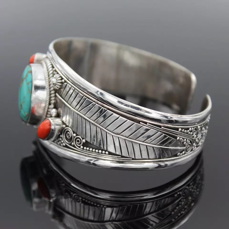 Antique Silver Color Leaf Red Blue Natural Stone Bracelet