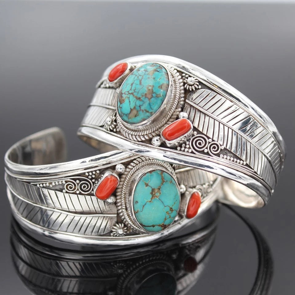 Antique Silver Color Leaf Red Blue Natural Stone Bracelet