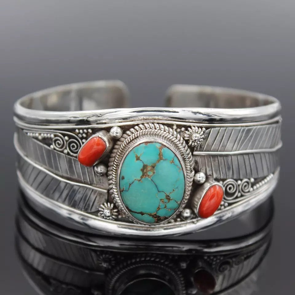 Antique Silver Color Leaf Red Blue Natural Stone Bracelet