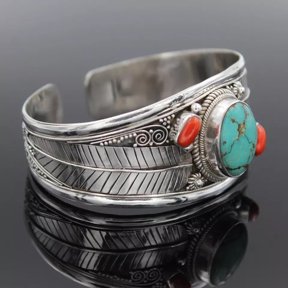 Antique Silver Color Leaf Red Blue Natural Stone Bracelet