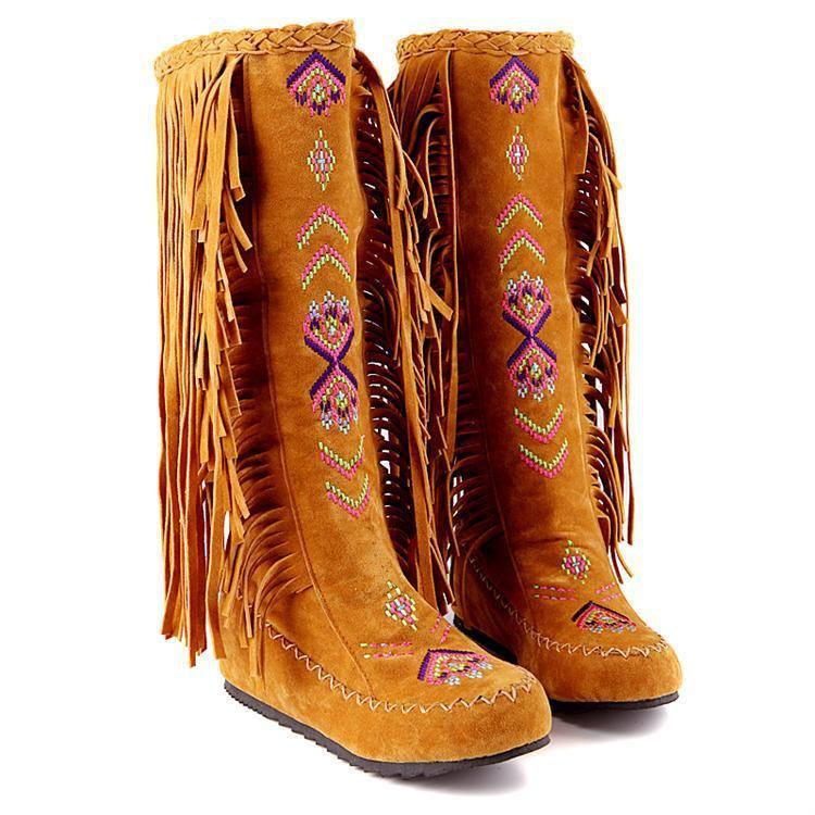 Women's Native American Moccasin Boots - Knee High Fringe Winter Fashion Boots