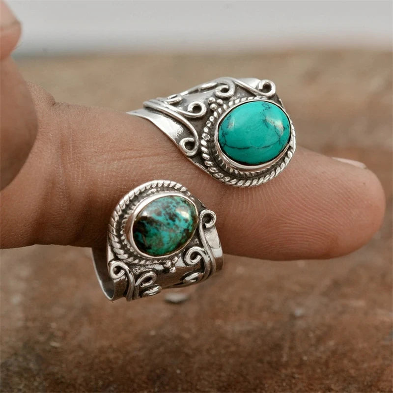 Vintage Style Rattan Pattern Inlaid Natural Stone Ring