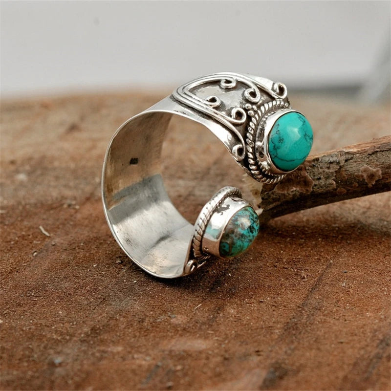 Vintage Style Rattan Pattern Inlaid Natural Stone Ring
