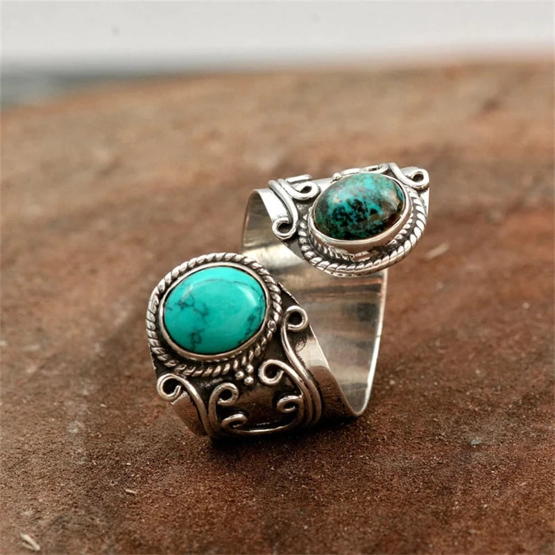 Vintage Style Rattan Pattern Inlaid Natural Stone Ring
