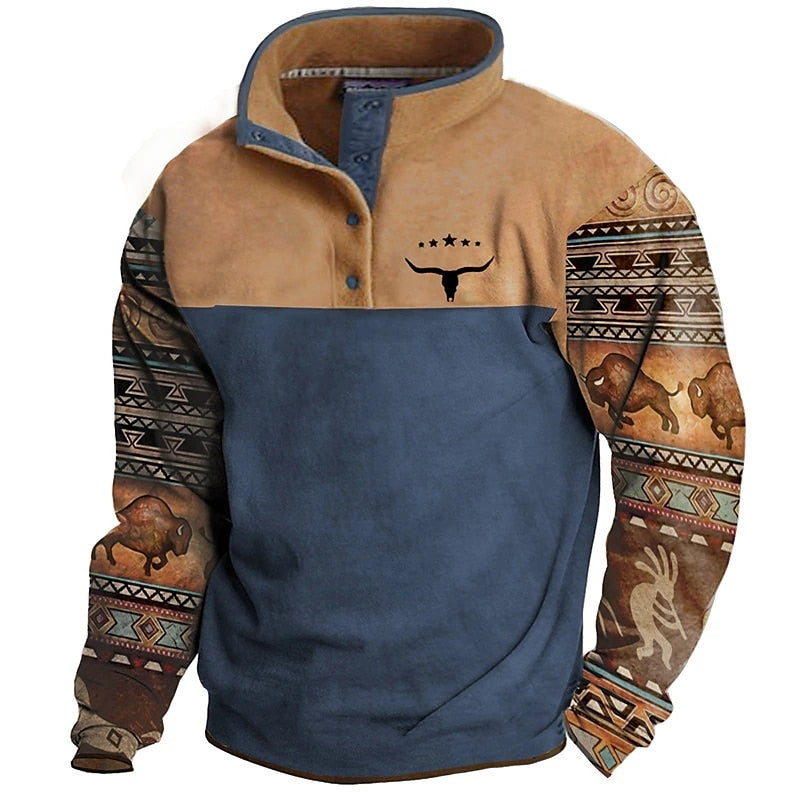 Aztec Cowboy with Buffalo Button Autumn Sweatshirt