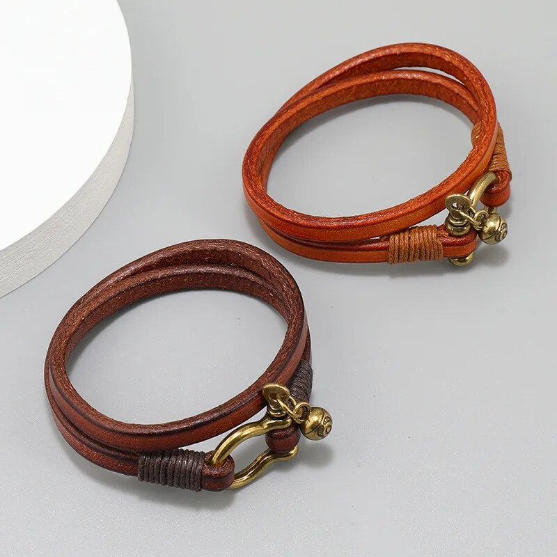 Horse Shoe Two Loop Leather Bracelet