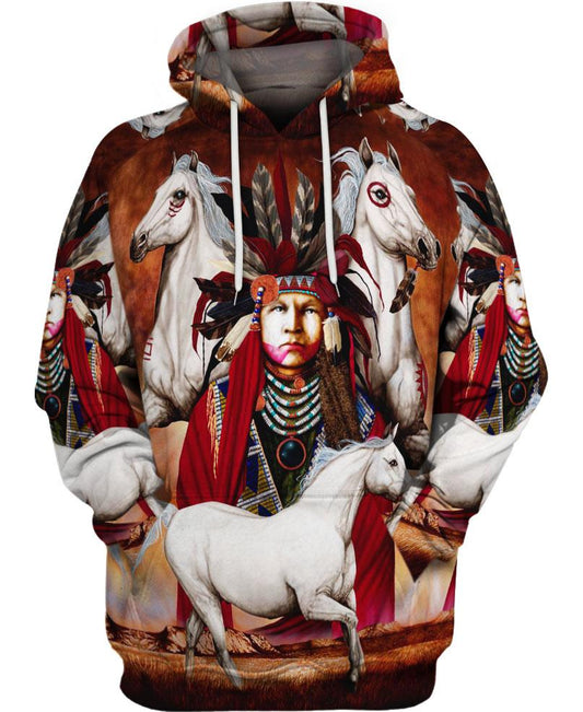 Native American Indian Chief And White Horses