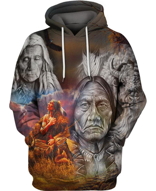 Native American Gray Old Indian Chief & Buffalo