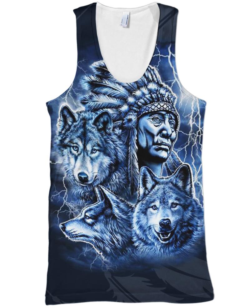 Native American Blue Indian Chief & Wolves