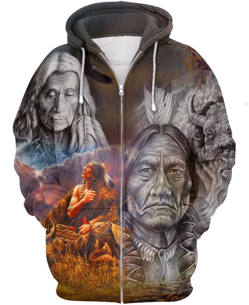 Native American Gray Old Indian Chief & Buffalo