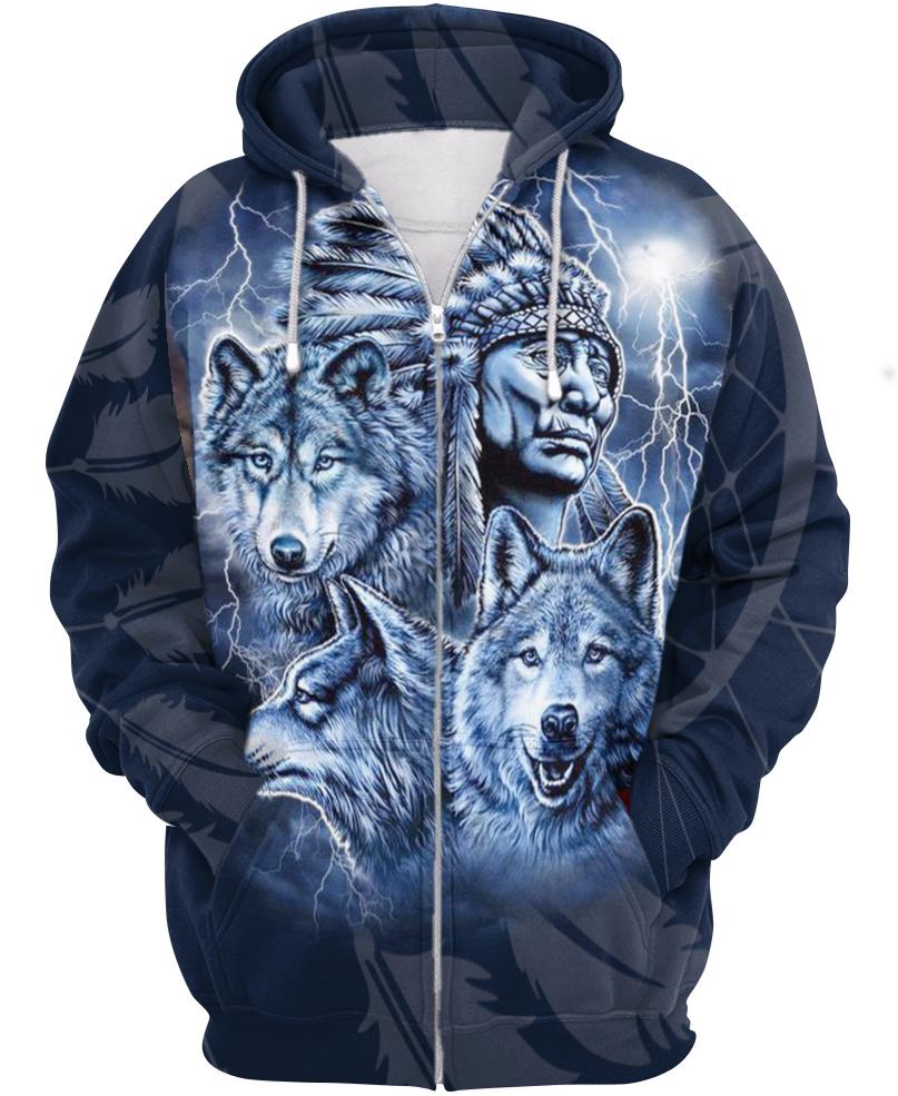 Native American Blue Indian Chief & Wolves