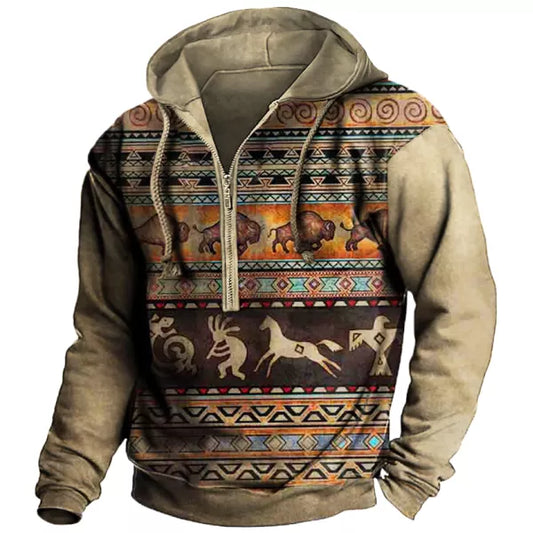 Men's Outdoor Vintage Western Aztec Print Zip Hoodie