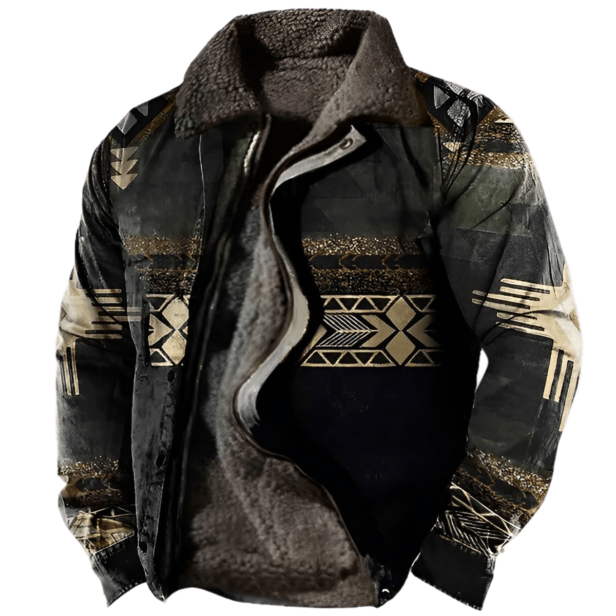 Men's Retro Ethnic Print Fleece Zipper Tactical Shirt Jacket