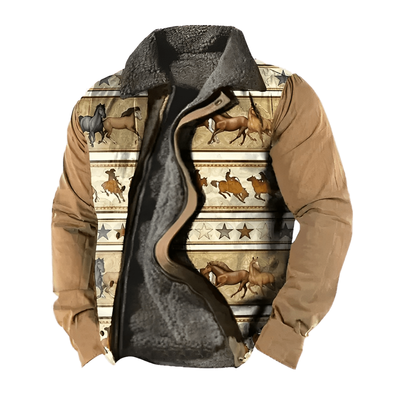 Men's Retro Ethnic Print Fleece Zipper Jacket With Horses