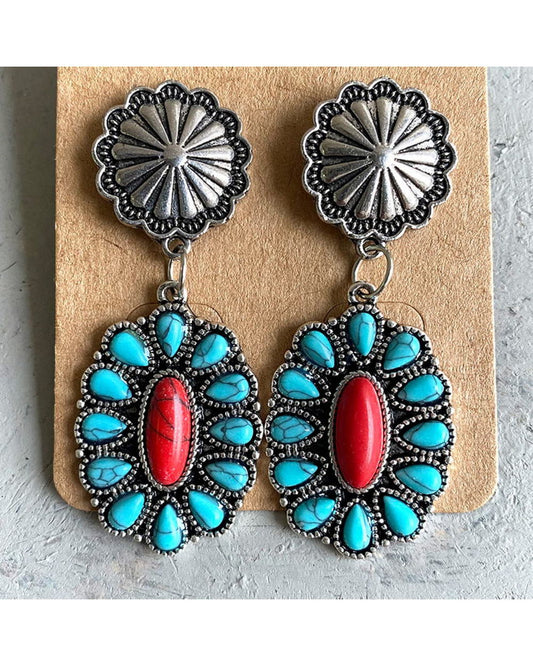 Turquoise Stone Pumpkin Flower Earrings for Women Vintage Silver Wild Hint Western Stunner Earrings