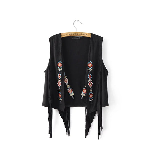 Southwestern Embroidered Faux Suede Fringe Vest