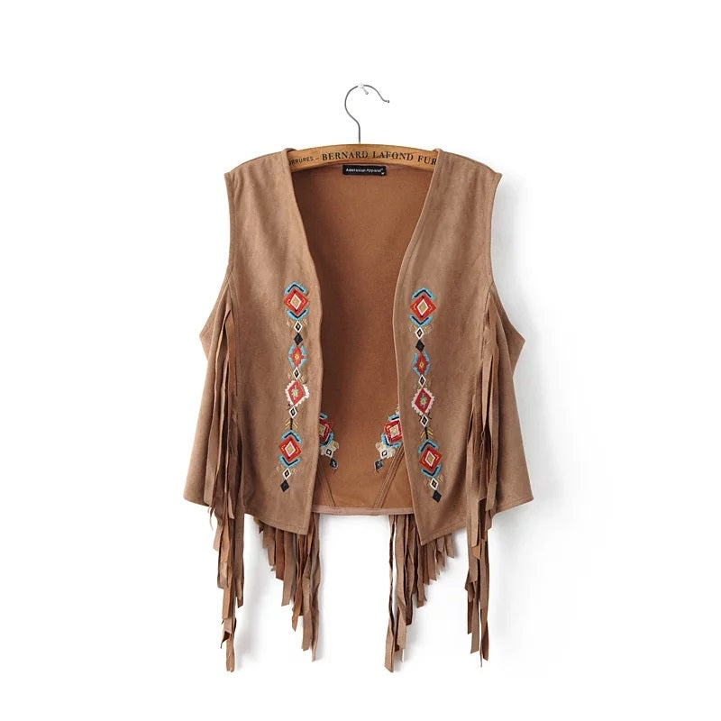 Southwestern Embroidered Faux Suede Fringe Vest