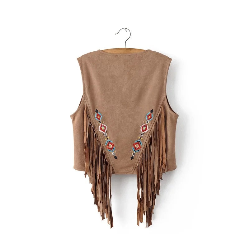 Southwestern Embroidered Faux Suede Fringe Vest