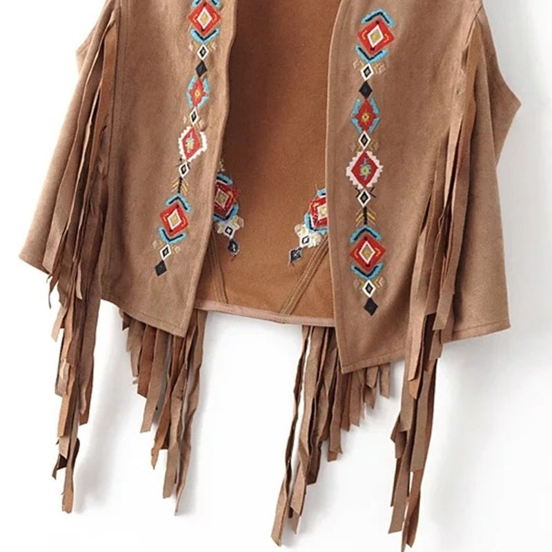 Southwestern Embroidered Faux Suede Fringe Vest