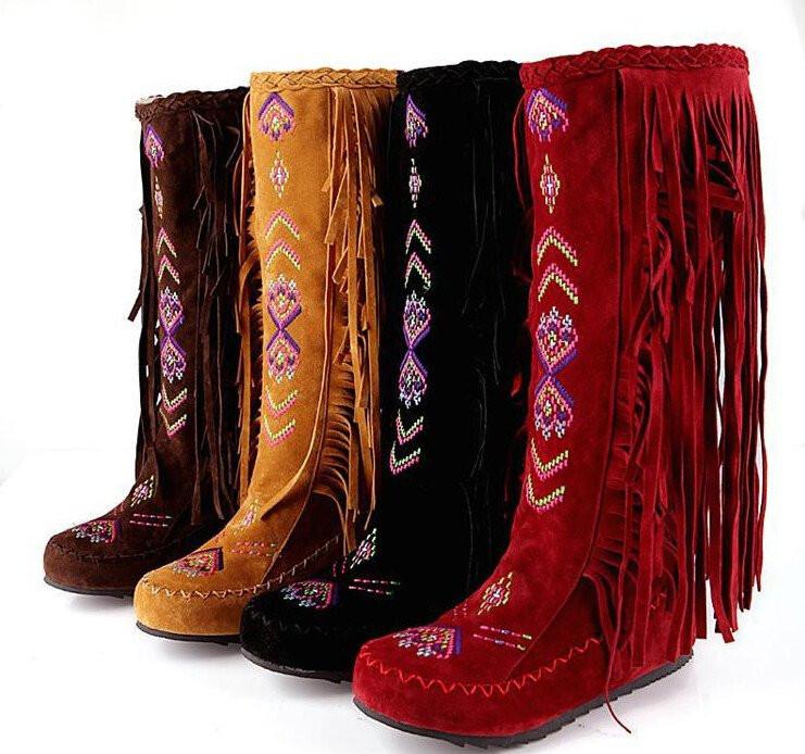 Women's Native American Moccasin Boots - Knee High Fringe Winter Fashion  Boots