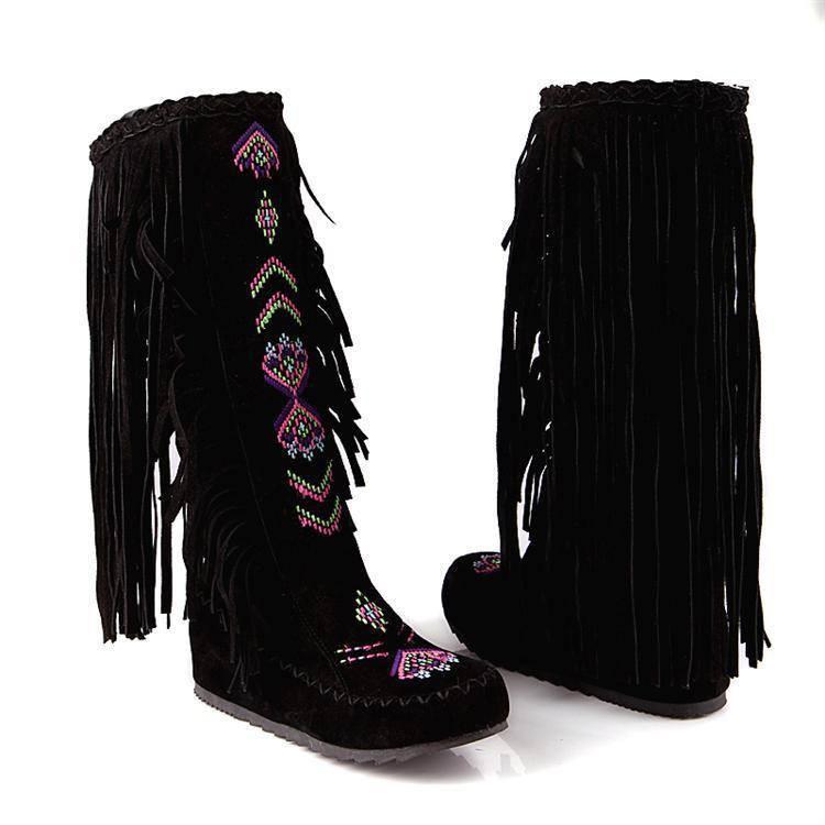 Women's Native American Moccasin Boots - Knee High Fringe Winter Fashion  Boots
