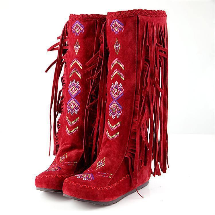 Women's Native American Moccasin Boots - Knee High Fringe Winter Fashion  Boots
